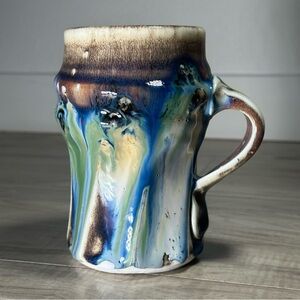 VINTAGE PHIL MAYHEW Blue Green Hand Thrown Drip Glaze Twist Pottery Coffee Mug